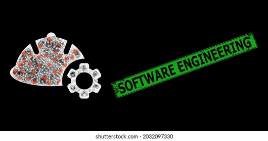 Carcasa de ingeniería de malla de red con puntos brillantes e impresión de sello de ingeniería de software de rectángulo verde rasgado.