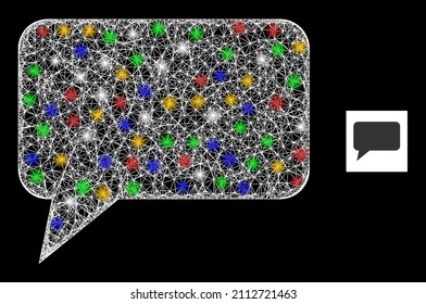 Flare net mesh forum message with vibrant light dots. Illuminated vector frame created from forum message icon. Sparkle frame mesh forum message, on a black backgound.
