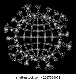 Flare net mesh global coronavirus icon with glowing spots on a black background. Bright vector mesh is based on global coronavirus picture, with polygonal mesh and random light spots.