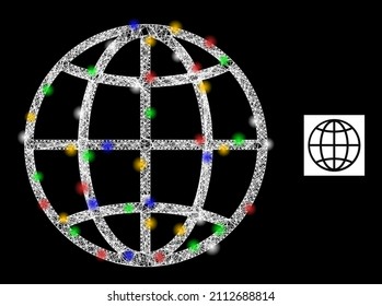 Flare net mesh globe with colorful light dots. Illuminated vector frame created from globe symbol. Sparkle constellation mesh globe, on a black backgound.