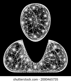 Flare net mesh guy carcass with lightspots. Constellation vector mesh created from guy symbol and crossing white lines. Sparkle frame mesh guy, on a black backgound.