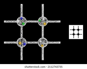 Estructura de malla de red de destello incompleta con puntos brillantes multicolores. Malla vectorial iluminada creada a partir de un símbolo de estructura de rejilla incompleto. Estructura incompleta de la malla de la malla del marco de destello,