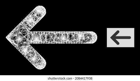 Flare net mesh left arrow icon with light spots and white mesh on a black background. Illuminated vector mesh based on left arrow picture, with linear white net and scattered lightspots.