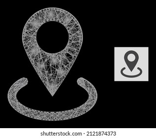 Flare net mesh location with light spots on a black background. Bright vector structure is based on location symbol, with linear mesh and light dots.