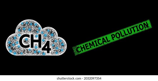 Flare Net Mesh Methane Gas Frame With Light Dots, And Green Rectangle Unclean Chemical Pollution Badge. Constellation Vector Mesh Created From Methane Gas Symbol And Intersected White Lines.