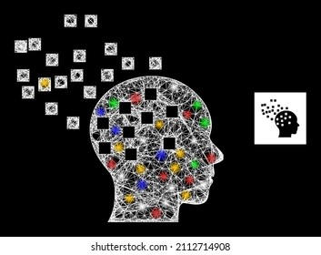 Flare net mesh mind disintegration with vibrant flash nodes. Illuminated vector frame created from mind disintegration symbol. Sparkle carcass mesh mind disintegration, on a black backgound.