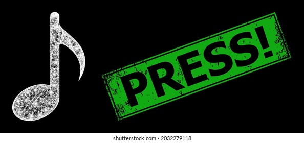 Marco de notas de la malla de la red de destello con puntos de luz y sello de la exclamación de prensa rectangular de color verde. Marco vectorial de constelación creado a partir del símbolo de nota musical y cruzando líneas blancas.