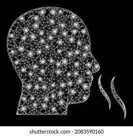 Flare net mesh nose smell with glowing spots. Vector frame created from nose smell icon, and from intersected lines. Illuminated frame mesh nose smell on a black background.