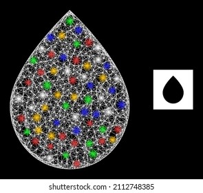 Flare net mesh oil drop with colored lightspots. Illuminated vector frame created from oil drop pictogram. Sparkle frame mesh oil drop, on a black backgound.