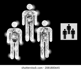 Flare net mesh people icon with light spots and white mesh on a black background. Bright vector constellation created from people picture, with irregular white mesh and scattered light dots.