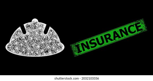 Flare net mesh protective helmet carcass with bright dots, and green rectangular dirty Insurance seal. Illuminated vector framework created from protective helmet icon and intersected white lines.