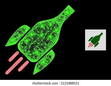 Flare net mesh rocket wine bottle with light spots on a black background. Illuminated vector structure based on rocket wine bottle picture, with irregular net and light spots.
