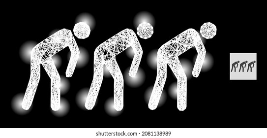 Flare net mesh slave people with lightspots on a black background. Illuminated vector mesh created from slave people icon, with linear net and lightspots.