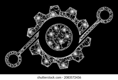 Flare net mesh smart gear with glowing spots. Vector frame generated from smart gear icon, and with crossing lines. Bright frame mesh smart gear on a black background.