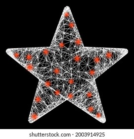 Estrella de malla de red de destello con puntos brillantes. Malla vectorial de constelación creada a partir del símbolo de estrella y cruzando líneas blancas. Estrella de malla de la constelación espumosa, sobre un fondo negro.