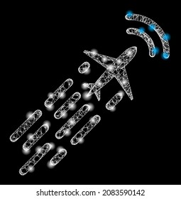 Vuelo supersónico de avión de malla neta con manchas brillantes. Carcasa vectorial basada en el icono de vuelo de avión supersónico y con líneas interconectadas.