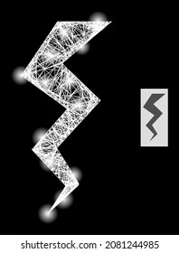 Flare net mesh thunder crack with light spots on a black background. Illuminated vector mesh based on thunder crack pictogram, with intersected net and lightspots.