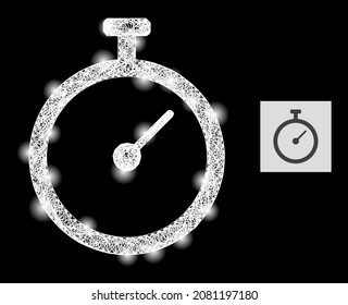 Flare net mesh time tracker with light spots on a black background. Bright vector mesh is based on time tracker symbol, with intersected net and light spots.