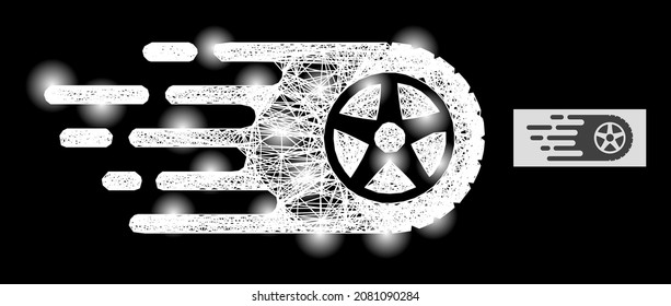 Flare net mesh tire wheel with light spots on a black background. Light vector structure is based on tire wheel icon, with irregular mesh and lightspots.