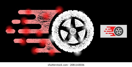 Flare net mesh tire wheel with glowing spots on a black background. Light vector structure is based on tire wheel icon, with irregular net and light spots.