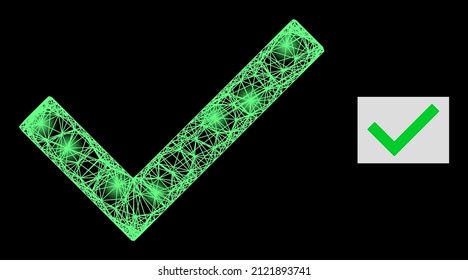 Flare net mesh yes tick with light spots on a black background. Light vector mesh is created from yes tick pictogram, with irregular mesh and light spots.