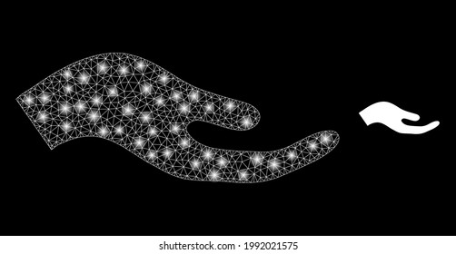 Flare net petition hand with light spots. Vector carcass based on petition hand icon. Sparkle carcass polygonal petition hand on a black background.