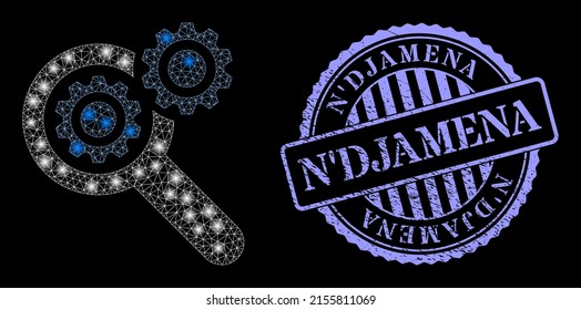 Flare net search engine with light spots, and N'Djamena blue round unclean stamp. Vector carcass created from search engine icon. Flare frame mesh search engine.