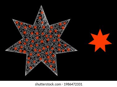 Flare net seven pointed star with glowing spots. Linear frame 2D network generated with crossed white lines and seven pointed star icon.