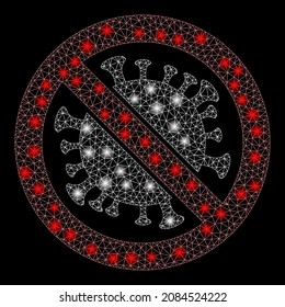 Icono del coronavirus de parada de red con manchas de luz sobre un fondo negro. Malla vectorial ligera creada a partir del glifo del coronavirus de parada, con malla triangulada y manchas luminosas aleatorias.