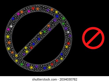 Flare net stop glare icon with lightspots. Illuminated vector constellation based on stop icon. Sparkle carcass mesh stop on a black background. Linear carcass flat mesh in vector format.