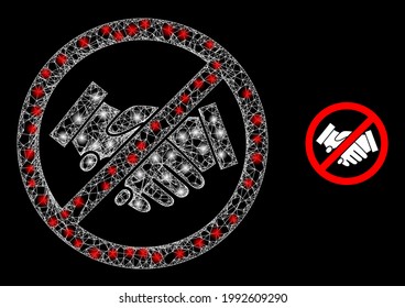 Flare net stop handshakes with glowing spots. Wire frame 2D mesh generated from crossed white lines and stop handshakes icon. White mesh and sparkle frame mesh stop handshakes on a black background.