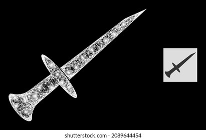 Flare net sword icon with light spots on a black background. Bright vector constellation based on sword symbol, with linear net and scattered light spots.