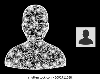 Flare net user icon with light spots and white mesh on a black background. Light vector structure is based on user icon, with irregular white net and scattered light spots.