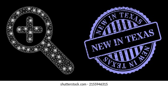 Fare net zoomen mit Lichtflecken, und New in Texas blau schmutzigen Siegel. Vektorbild basierend auf Zoom in Symbol. Fackelmaschen zoomen hinein. Blue Stempel Siegel enthält New in Texas Titel in runder Form.