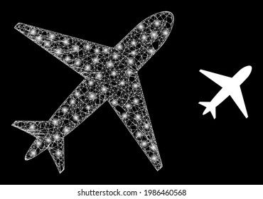 Flare network airplane with glowing spots. Linear carcass flat network generated with crossing white lines and airplane icon. White mesh and sparkle carcass polygonal airplane on a black background.