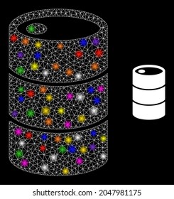 Icono de brillo de barril de red con focos luminosos. Modelo vectorial iluminado basado en icono de barril. Marco de aguja de cañón poligonal sobre un fondo negro. Red plana de canales lineales en formato vectorial.