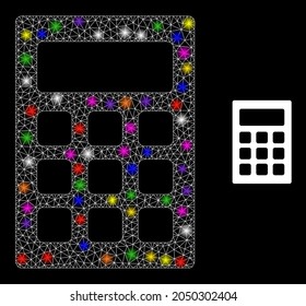 Flare network calculator constellation icon with lightspots. Illuminated vector constellation is created from calculator icon. Sparkle carcass mesh calculator on a black background.