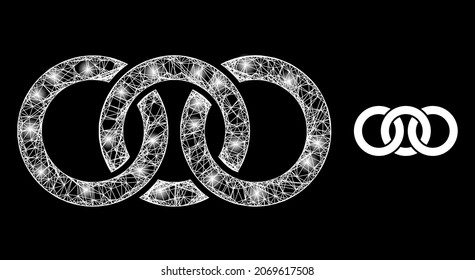Flare network circle chain link with light spots. Wire carcass flat mesh generated with crossing white lines and circle chain link icon.