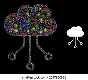 Icono de la constelación de conexiones en la nube de la red con puntos de luz. Constelación vectorial iluminada basada en la imagen de conexiones en la nube. Sparkle las conexiones de la nube de malla de marco en un fondo negro.