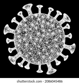 Flare network coronavirus cell with light spots on a black background. Light vector constellation is based on coronavirus cell icon, with intersected network and light spots.
