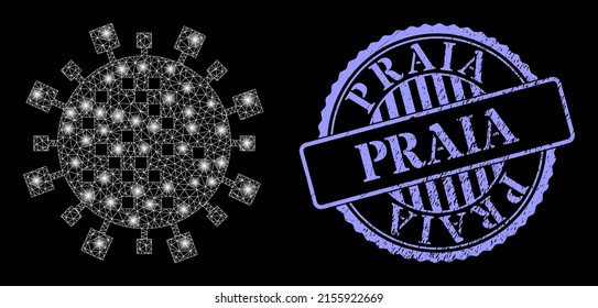 Flare network digital virus cell with light spots, and Praia blue round rubber watermark. Vector frame created from digital virus cell icon. Flare frame polygonal digital virus cell.