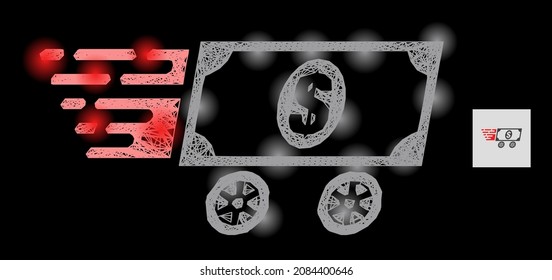 Flare network dollar delivery wagon with glowing spots on a black background. Light vector constellation is based on dollar delivery wagon icon, with irregular network and light dots.