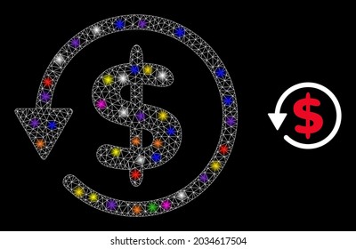 Flare network dollar refund constellation icon with lightspots. Illuminated vector constellation based on dollar refund pictogram. Sparkle carcass mesh dollar refund on a black background.