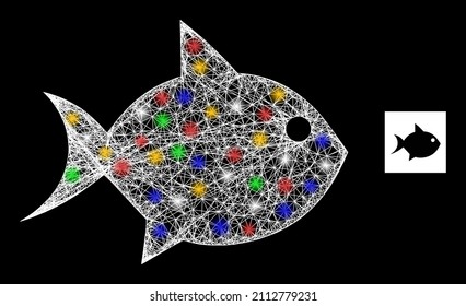 Flare network fish with colored bright dots. Illuminated vector mesh created from fish symbol. Sparkle frame mesh fish, on a black backgound.