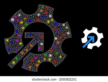 Flare network gear integration constellation icon with light spots. Illuminated vector constellation based on gear integration icon. Sparkle carcass mesh gear integration on a black background.
