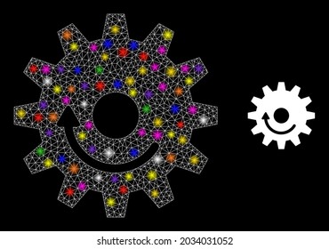 Flare network gear wheel rotation constellation icon with light spots. Illuminated vector model based on gear wheel rotation glyph. Sparkle frame mesh gear wheel rotation on a black background.