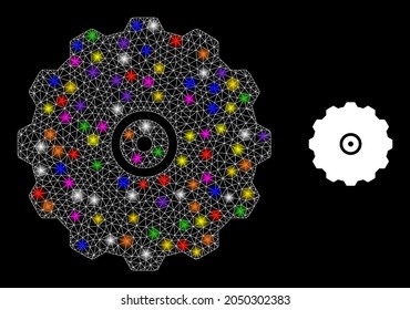 Flare network gearwheel constellation icon with lightspots. Illuminated vector model based on gearwheel icon. Sparkle frame mesh gearwheel on a black background. Wire frame 2D mesh in vector format.