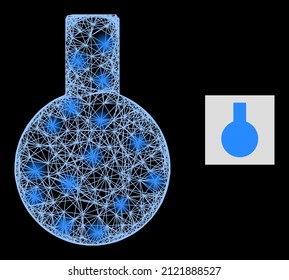 Flare network glass flask with light spots on a black background. Illuminated vector model is based on glass flask symbol, with linear net and light spots.