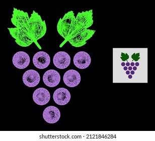 Flare network grape with glowing spots on a black background. Light vector mesh based on grape symbol, with intersected network and light spots.