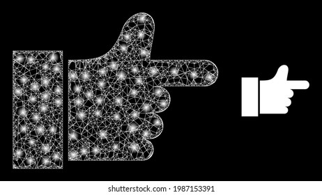 Flare network index finger with glowing spots. Wire frame 2D mesh generated with crossed white lines and index finger icon. White mesh and sparkle frame mesh index finger on a black background.